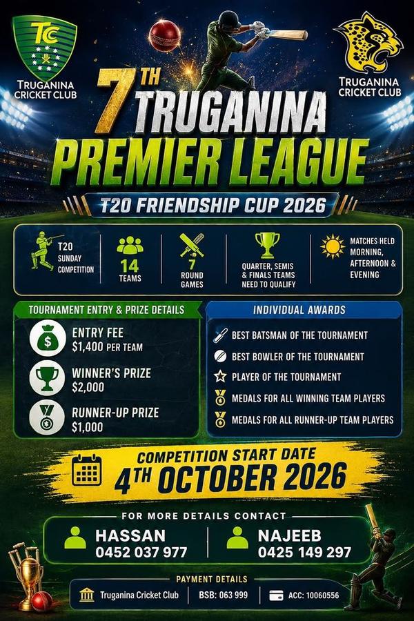 Poster for the 7th Truganina Premier League T20 Friendship Cup 2026
