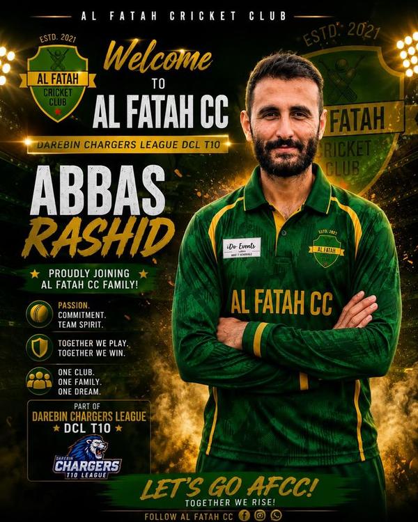 Club poster welcoming Abbas Rashid to Al Fatah Cricket Club
