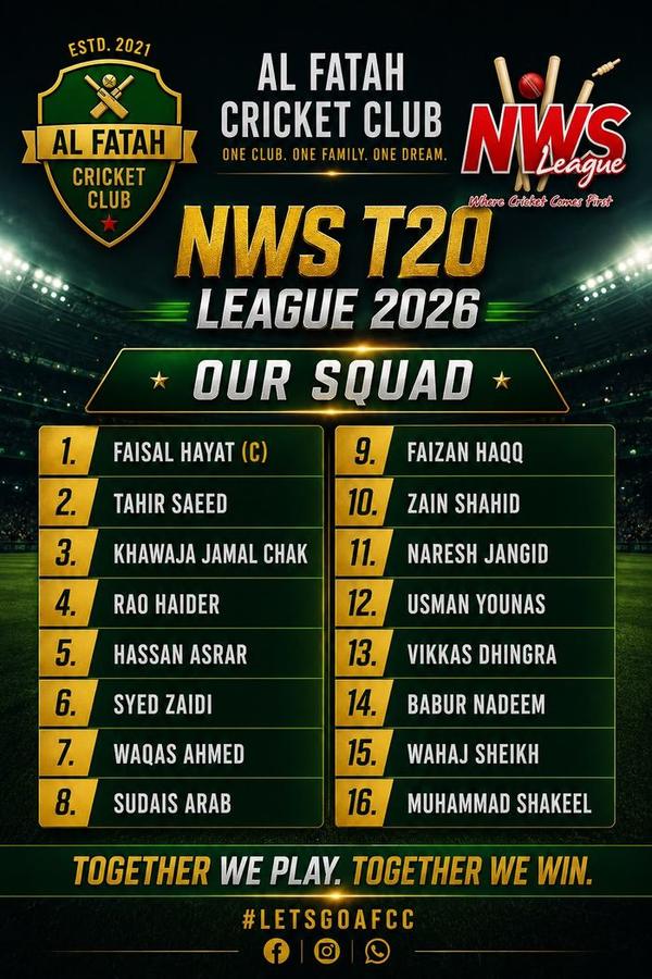 Al Fatah Cricket Club sixteen player squad list for the NWS T20 League 2026