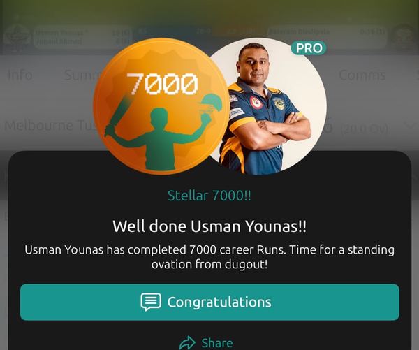 CricHeroes milestone card marking Usman Younas passing 7000 career runs